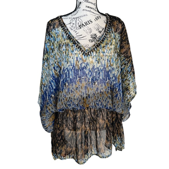Tops - Vneck beaded collar sheer colorful top blouse cinched waist cover up one size